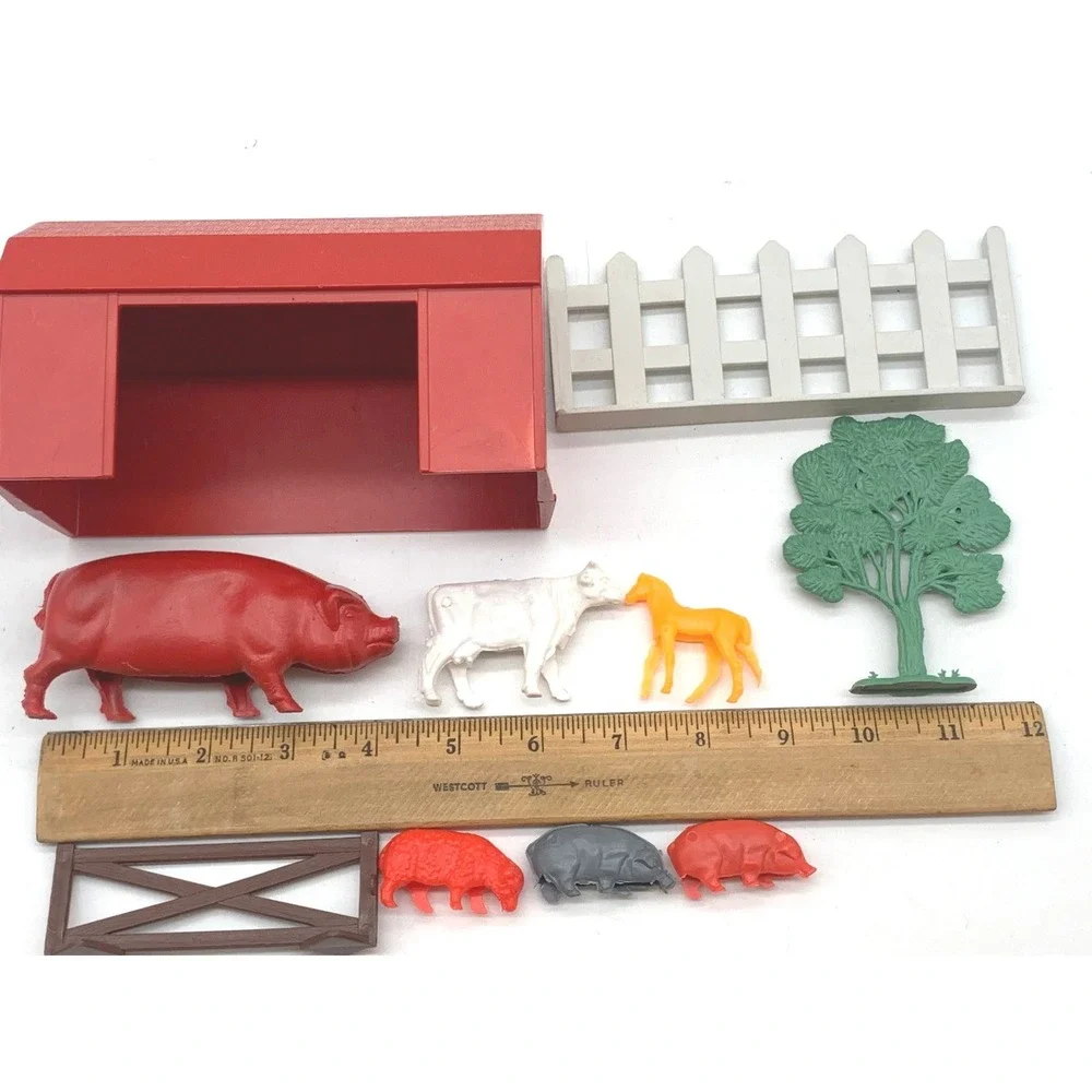 Vtg Plastic Farm Animal Playset Lot Barn Fence Tree Toy Figures 1970s 1980s 35Pc